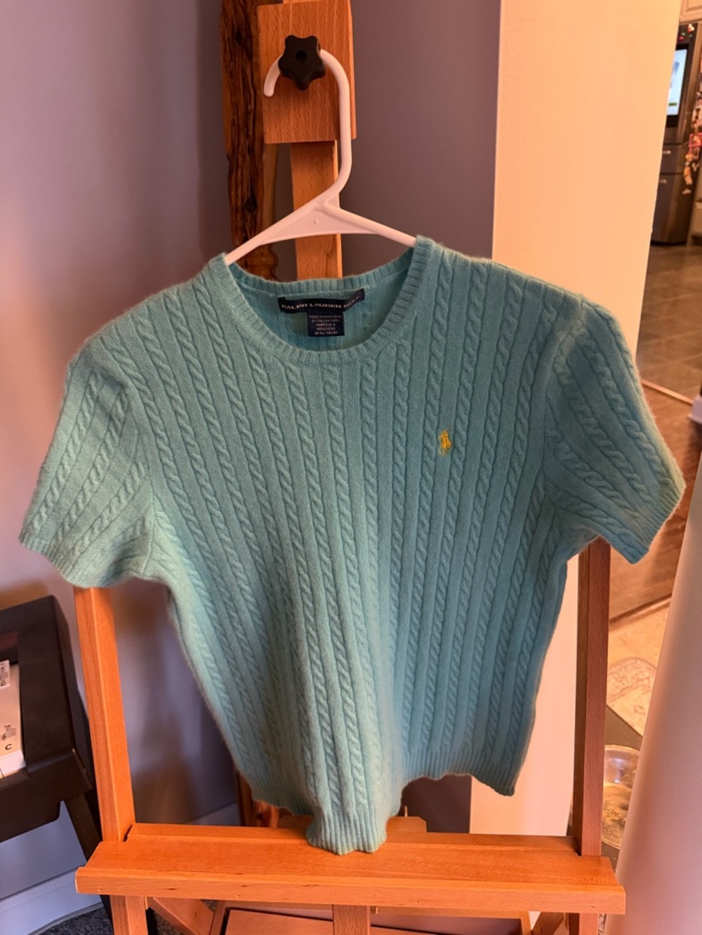 Ralph Lauren Seafoam Cable Knit Short Sleeve Sweater with Yellow Pony